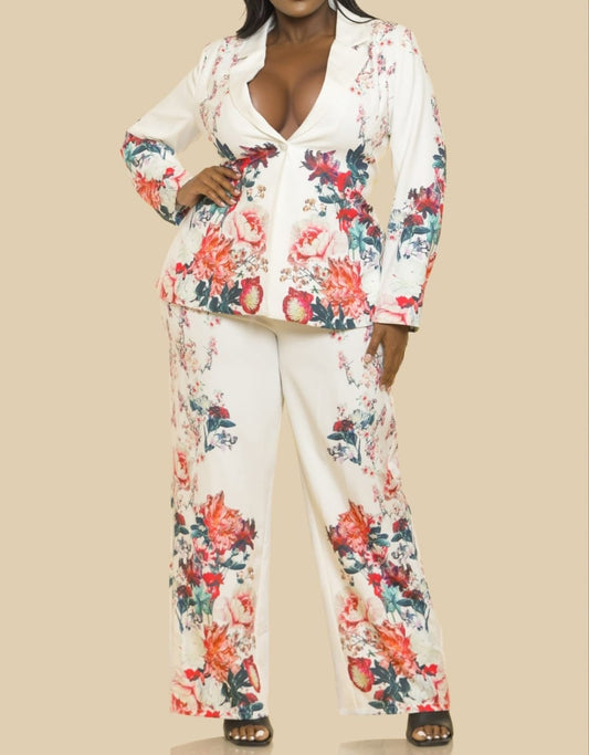 Flower Print Blazer Two Piece Suit