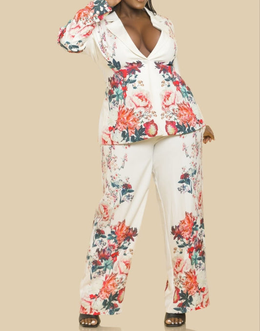 Flower Print Blazer Two Piece Suit